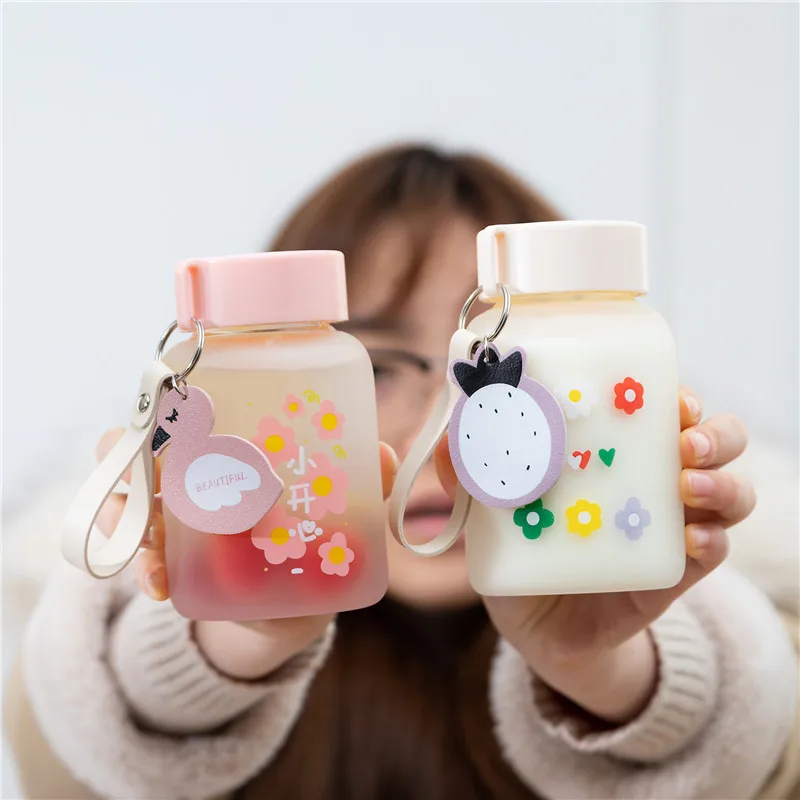 

New Cute Flowers Water Bottle Creative Trend Portable Leakproof Ins Lovely Fresh Female Student Frosted Glass Water Cup With Lid