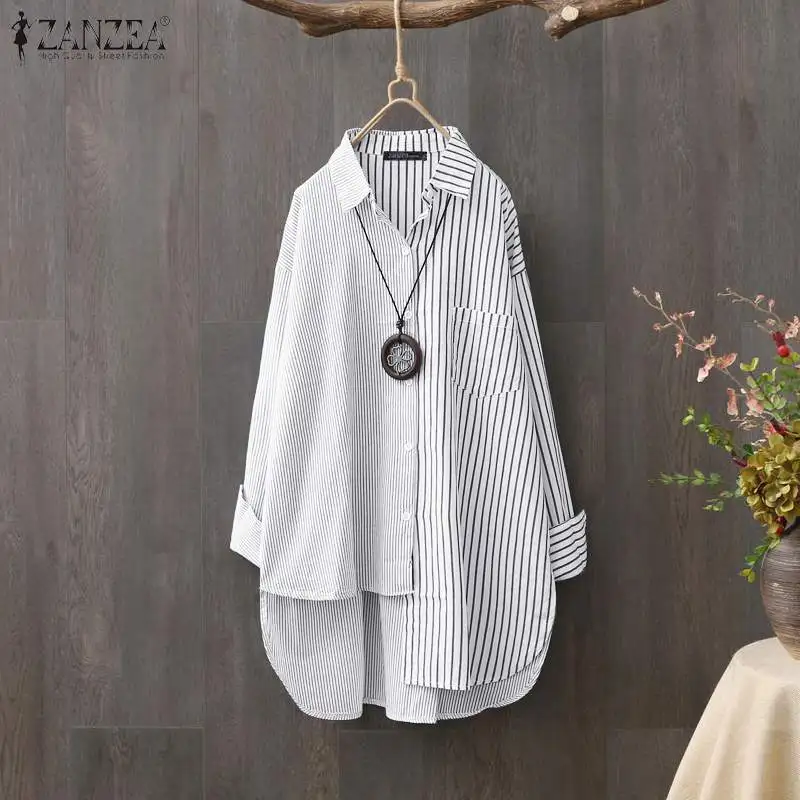 Oversized Women\'s Asymmetrical Shirts ZANZEA 2023 Elegant Striped Tops Casual Long Sleeve Blusas Female Button Stiching Tunic