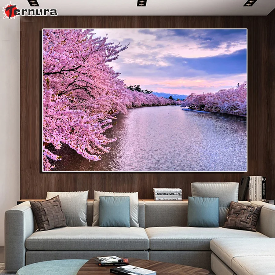 

DIY diamond painting Pink tree Diamond Embroidery Lakeside scenery gift Cross stitch Square Round Diamond 5d full diamond Mosaic