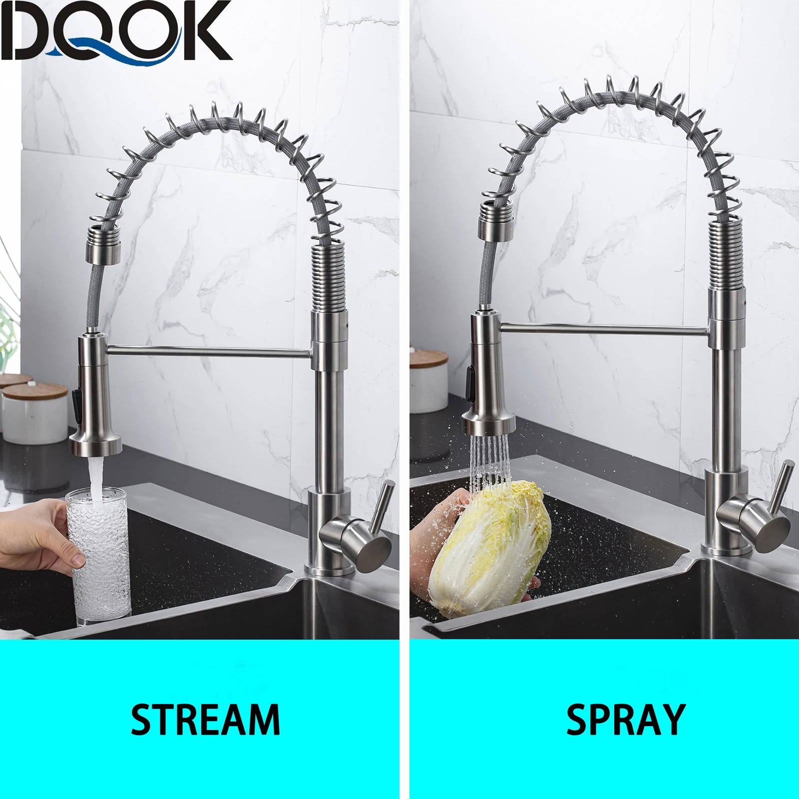 DQOK Matte Black Kitchen Faucet Deck Mounted Mixer Tap 360 Degree Rotation Stream Sprayer Nozzle Kitchen Sink Hot Cold Taps