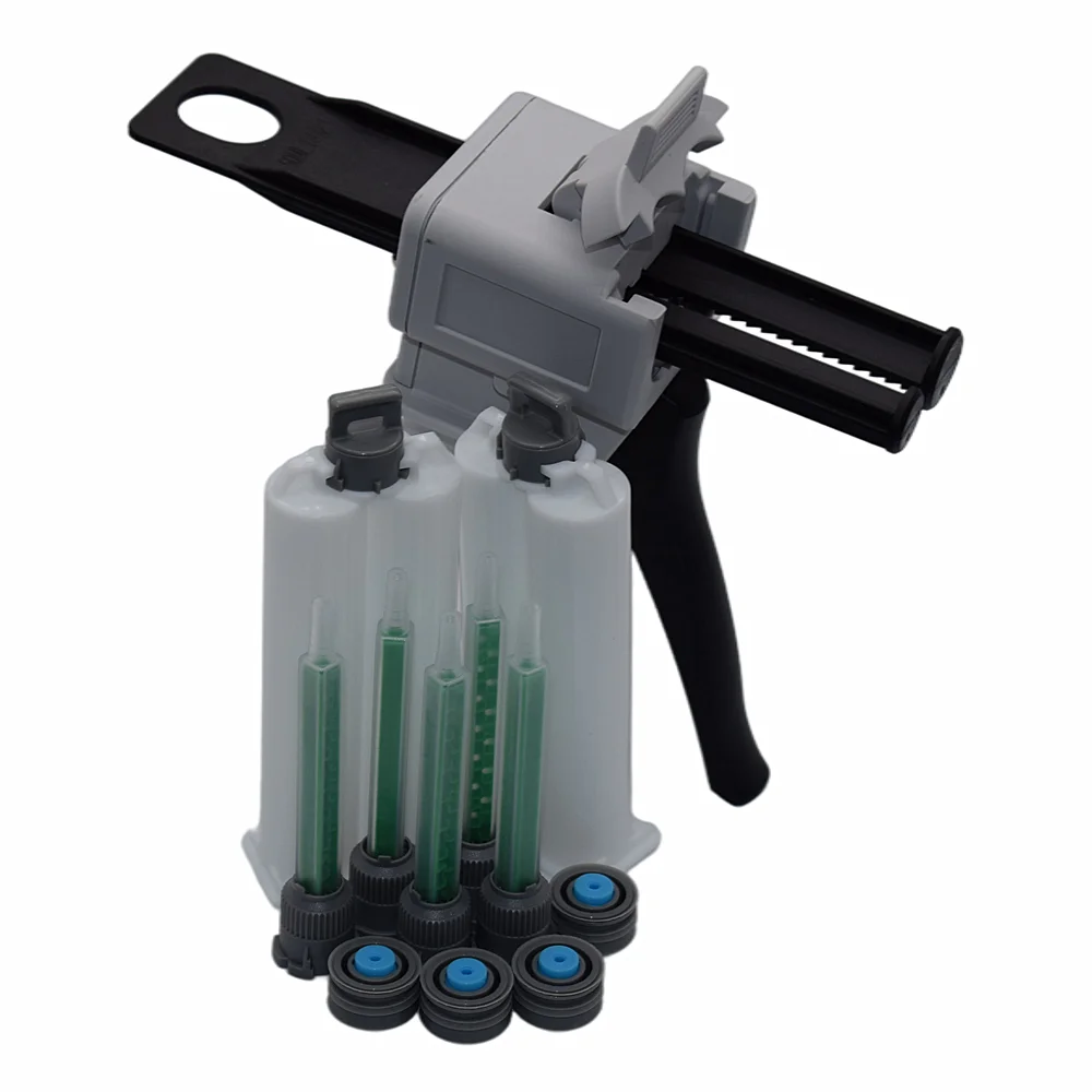 50ml AB colla per pistola per colla 1:1 pistola per calafataggio manuale adesiva con 2 pezzi 50ml 1:1 cartuccia vuota a doppio barilotto e 5 pezzi 1:1 ugello di miscelazione