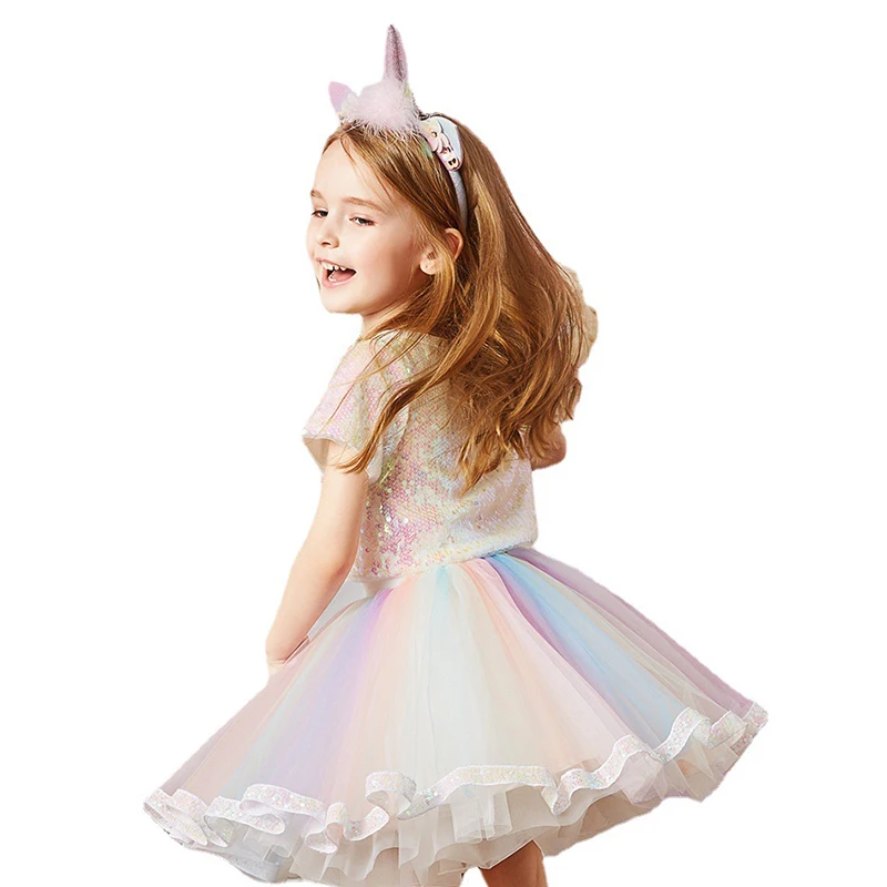 

Girls Clothing Sets Summer Girls Dress Sequined Top+Rainbow Mesh Puffy Yarn Princess Tutu Dress Children's Short-Sleeved Suit