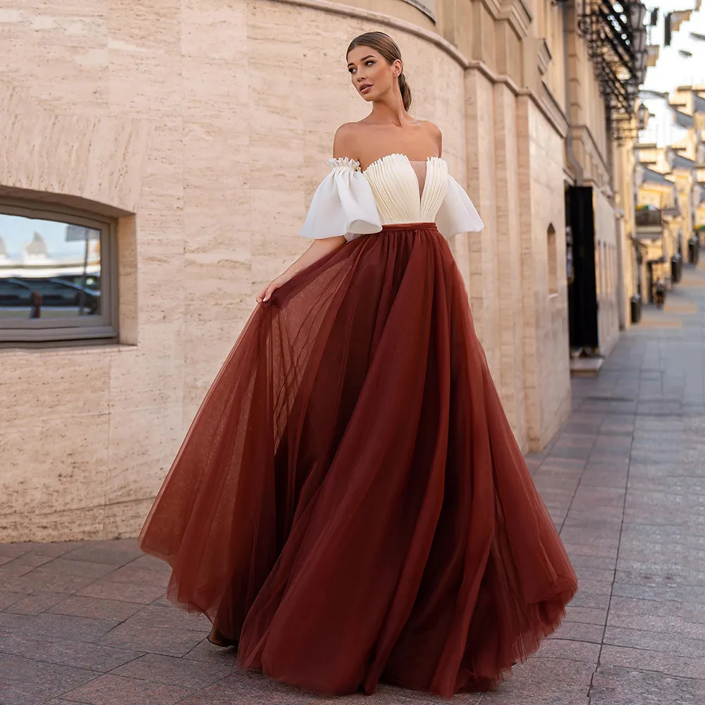 BridalAffair A Line Prom Dresses Soft Tulle Elegant Long Party Dress Formal Puffy Sleeves Evening Dresses Bow Belt Formal Dress