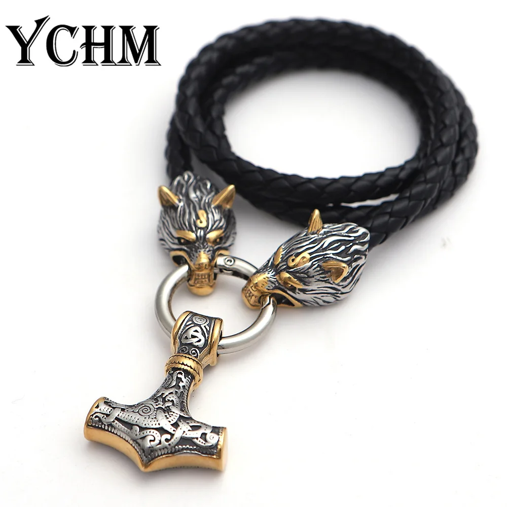 

YCHM Nordic Celtic Thor Hammer Wolf Men's Necklace Viking Wolf Stainless Steel Pendant Scandinavian Rune Norse Amulet Jewelry