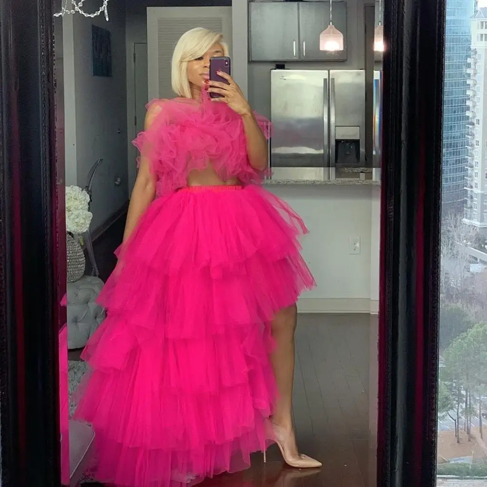 

Two Pieces Women Tulle Sets Tops And Skirts Tulle Hi Low Tiered Ruffled Tulle Skirts & Fully Tutu Tops Prom Party Birthday Dress