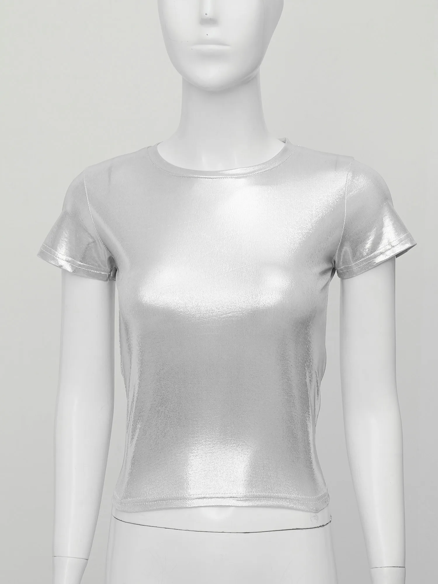 Women Shiny Metallic Short Sleeve T-shirt Girls O-Neck Glossy Solid Color Tops for Dance Party Rave Festival Show Club