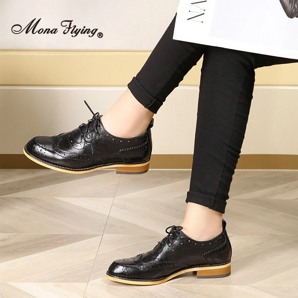 Mona Flying Womens Genuine Leather Wingtips Oxfords Brogue Comfort appartamenti fatti a mano scarpe stringate classiche per donna FLX20-3