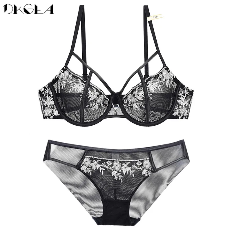 Black Sexy Bra Set Ultrathin Brassiere Transparent Underwear Set Lace Hollow Bras Plus Size B C D Cup Women Lingerie Embroidery