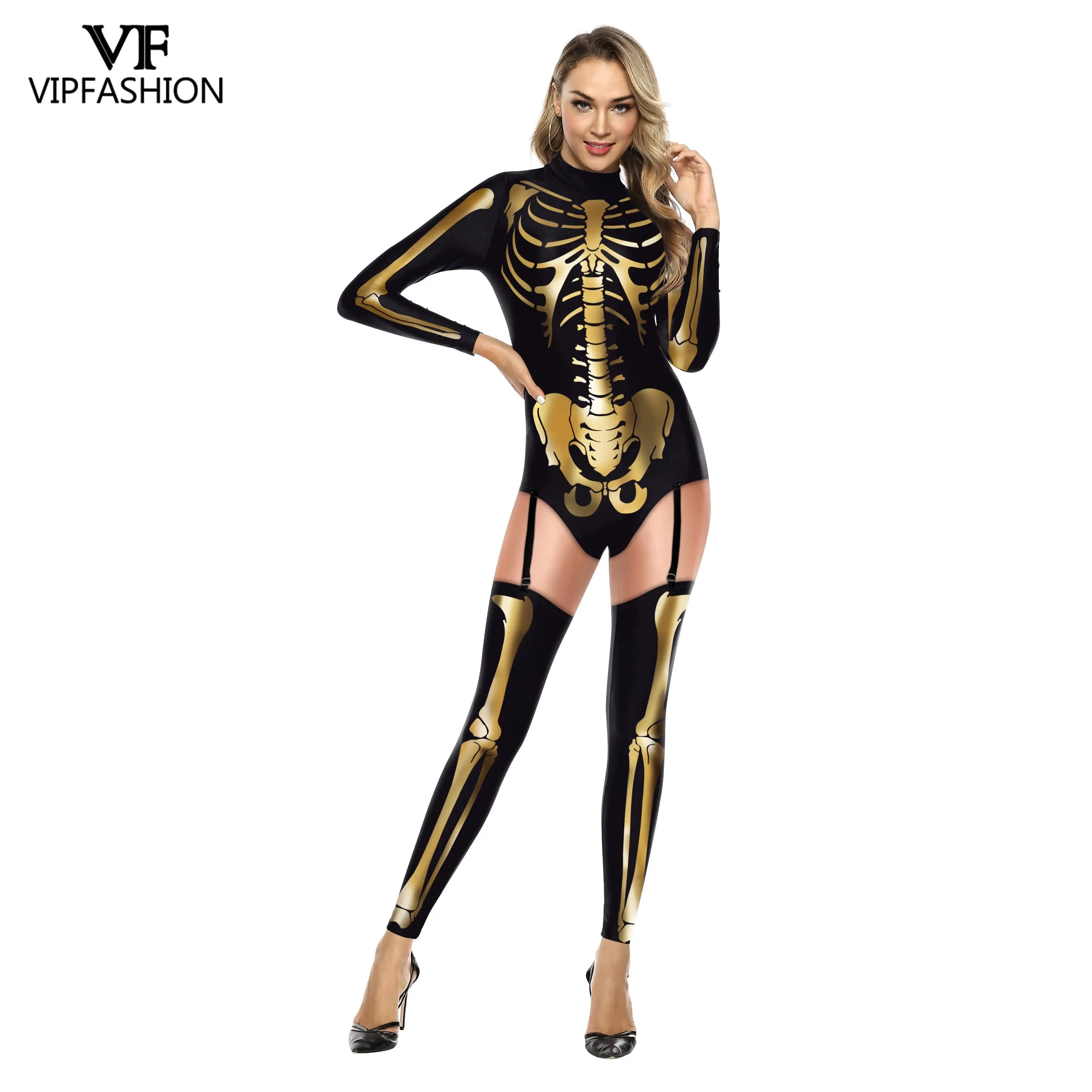 VIP FASHION Cosplay Skeleton Printed Jumpsuit Carnival Party Clothes Onesies Outfits Romper Bodysuit Halloween Costume For Women