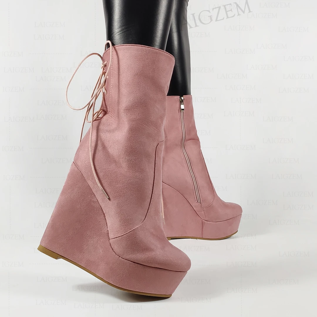 LAIGZEM Women Ankle Boots Round Toe Wedges Side Zip Booties Faux Sude Height Increase Ladies Shoes Woman Big Size 41 44 47 50 52