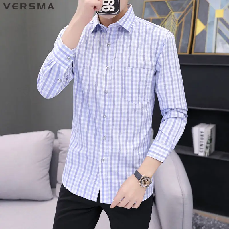 VERSMA Green Cotton Shirts Men Slim Fit Formal Shirt Long Sleeve Mens Dress Shirts Red Plaid Gentleman Shirt Male Dropshipping