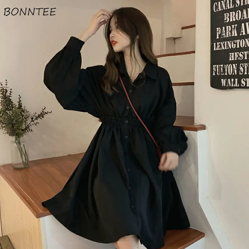 Dress Women Korean Elastic Waist Design Vintage Black Simple Summer Womens Vestidos Lantern Sleeve Trendy Preppy Girls Dresses