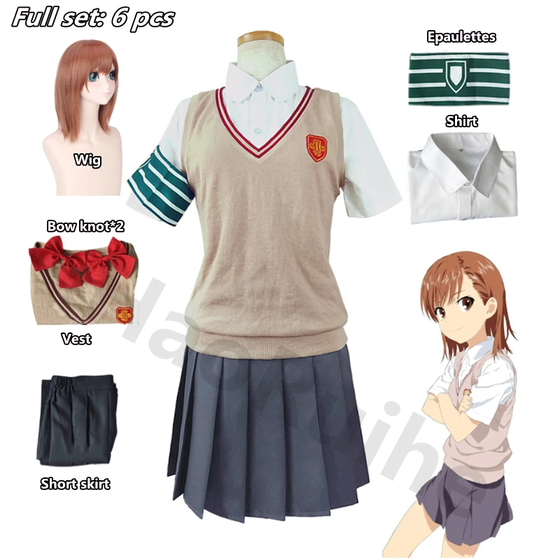 Anime Toaru Kagaku no Railgun Misaka Mikoto Cosplay Costume School-Uniform Girls Uniform and Wig Woman School Sailor Suit