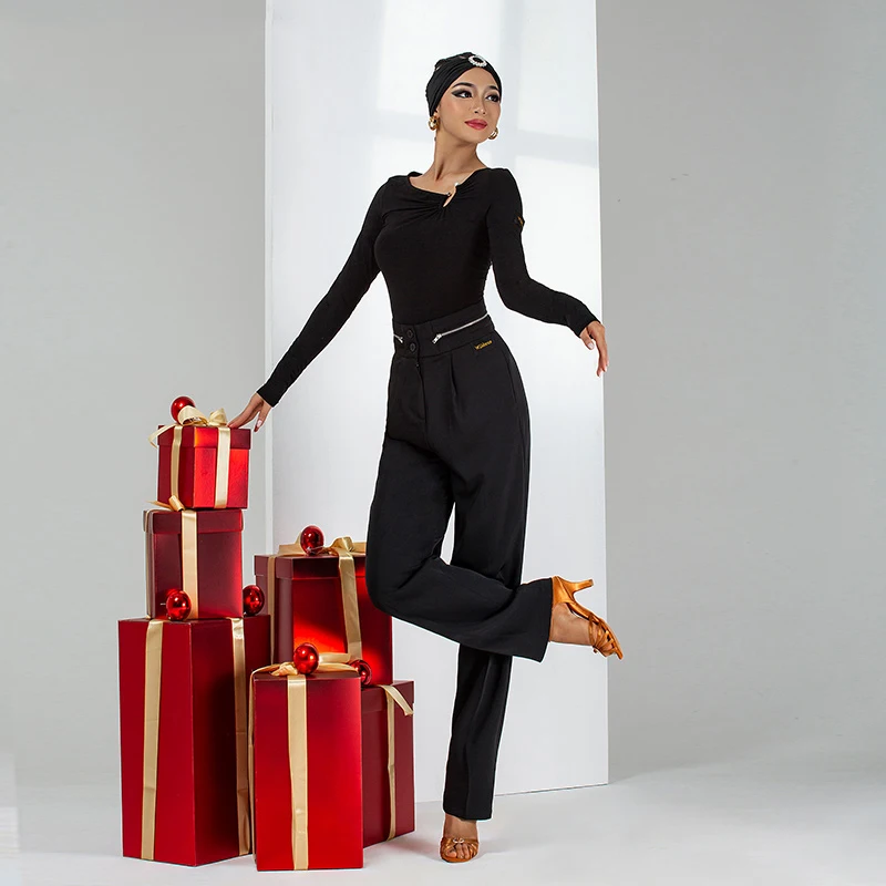 New Latin Dance Cothes Female Adult Hight Waist Pants Professional Ballroom Dance Practice Wear Black Latin Trousers DNV15565