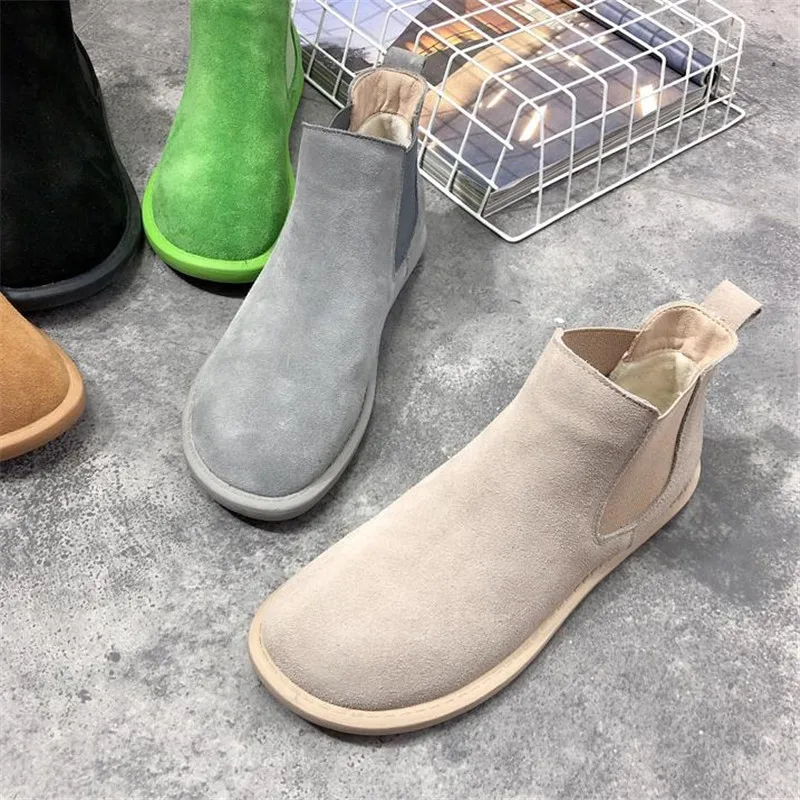 Retro Women\'s Shoes Female Cow Suede Leather Matte Flat Heels Casual Chelsea Ankle Boots Candy Colors Preppy Style Boots