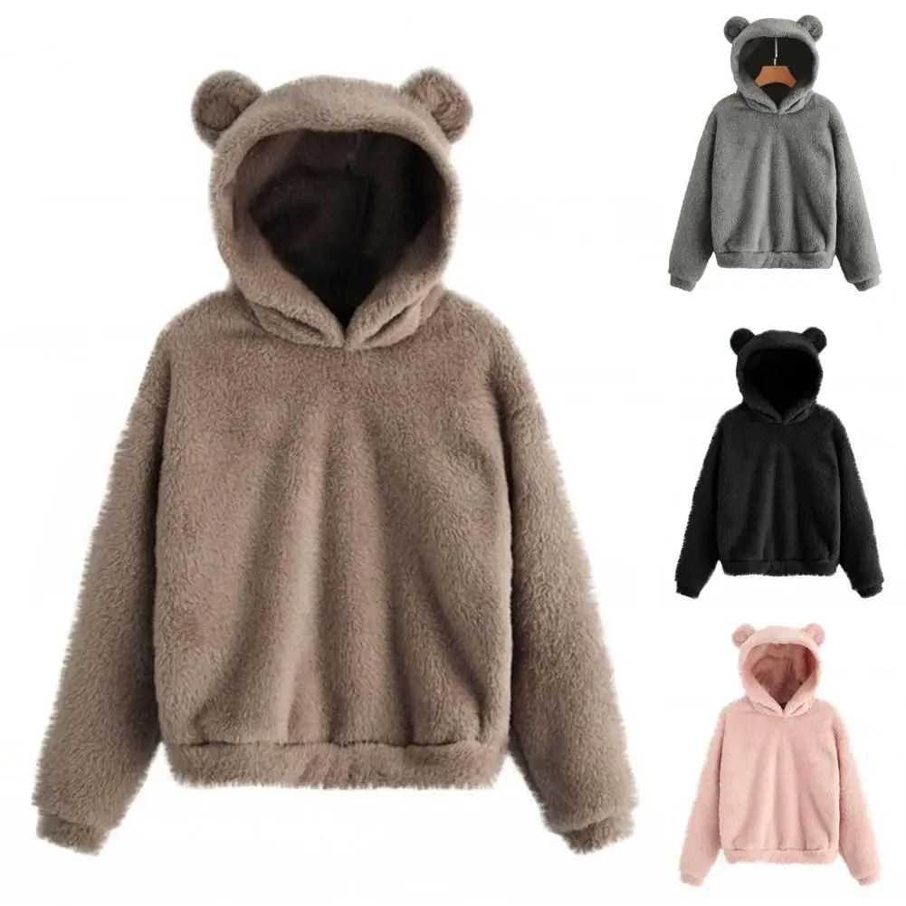 Autumn Winter Women's Hoodies Winter Women Long Sleeve Rabbit Ear Hood Sweatshirt Cute Plush Warm Casual Hoodie Tops