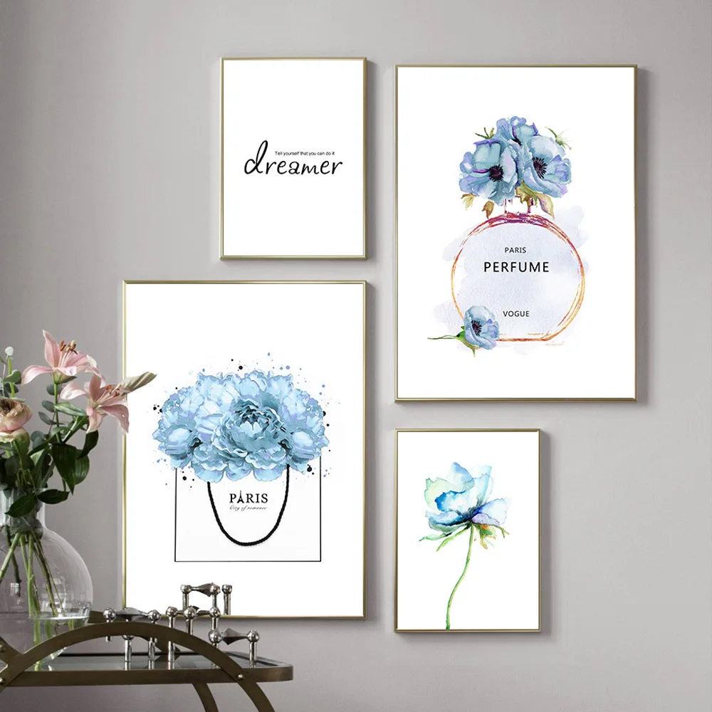 Perfume Poster Canvas Painting Blue Wall Art Poster Parfum Flower Art Print Nordic Canvas Modern Wall Pictures For Bedroom Decor