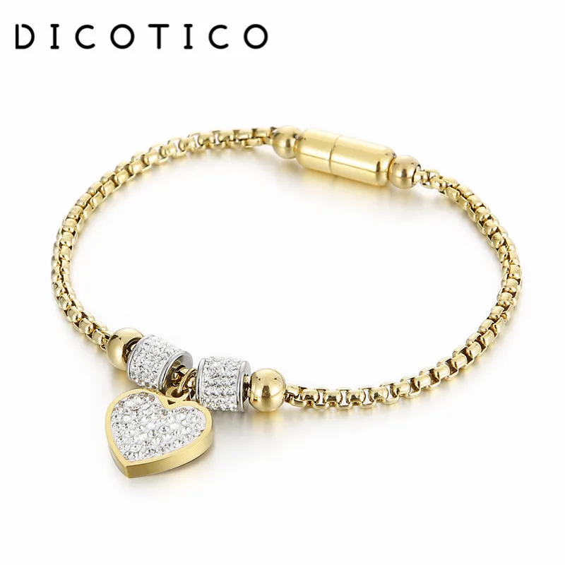 New Heart Charm Bracelets For Women Three Color Stainless Steel Box Chain Magnet Buckle Bangle Cubic Zircon Jewelry Accessories