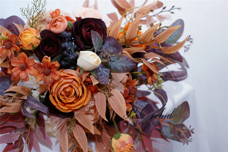 PEORCHID Autumn/Fall Coffee Color Big Wedding Bouquet Rose Mixed Fake Bouquet Artifical Bride Holding flowers Boque De Noiva