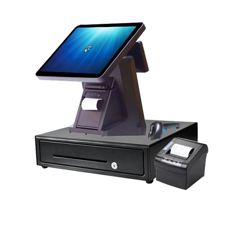 Retail 15inch pos system / 80mm pos printer / barcode scanner / cash drawer cash register for hall