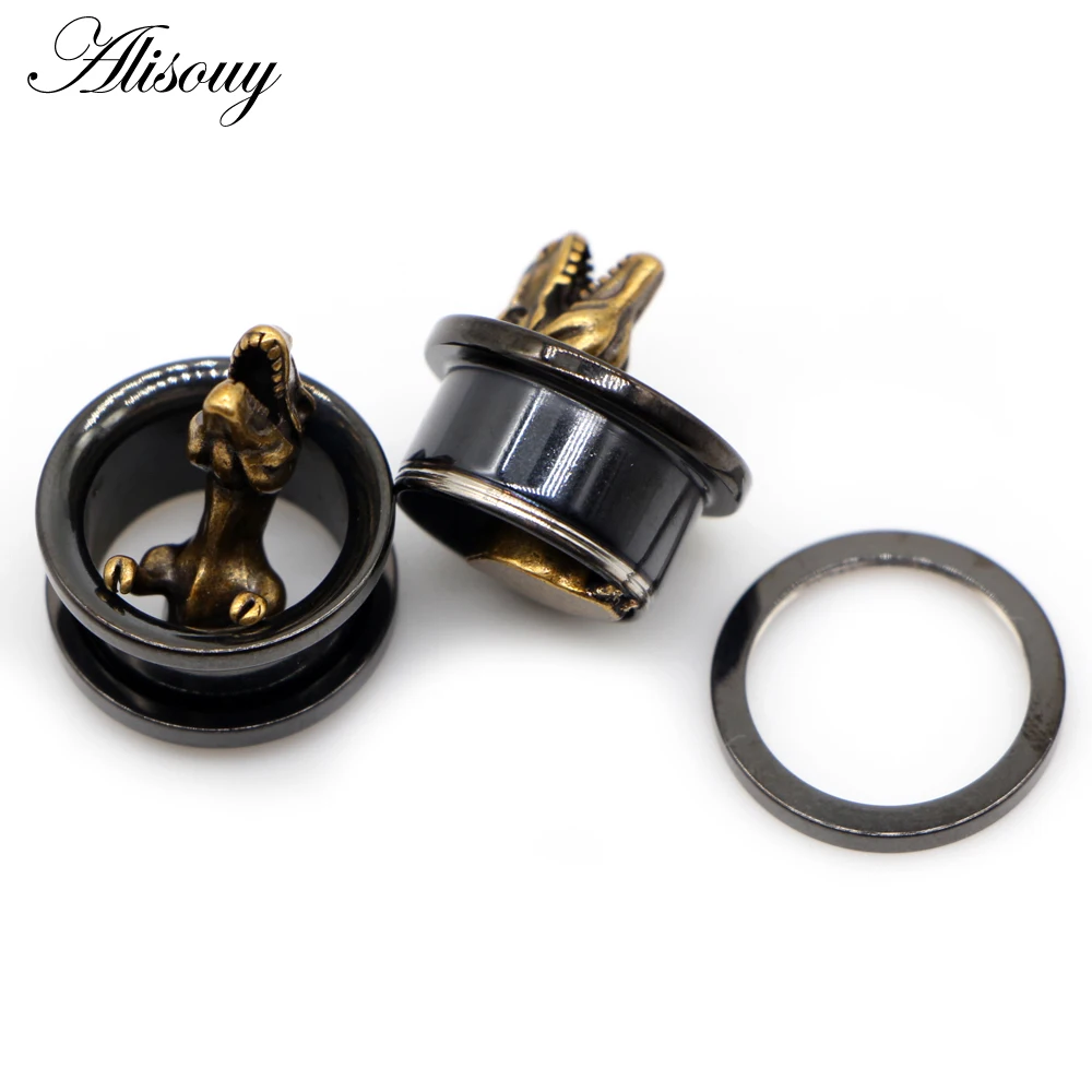 Alisouy 2pcs Fashion Dinosaur Ear Gauges Expander Stretchers Stainless Steel Earrings Plugs Tunnels Screw Piercing Body Jewelry