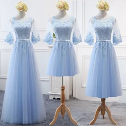 MNZ-120#Embroidered Sky Blue Bridesmaid's Dresses Long Lace up Middle sleeve Marriage Sister Christmas Dress Girls wholesale