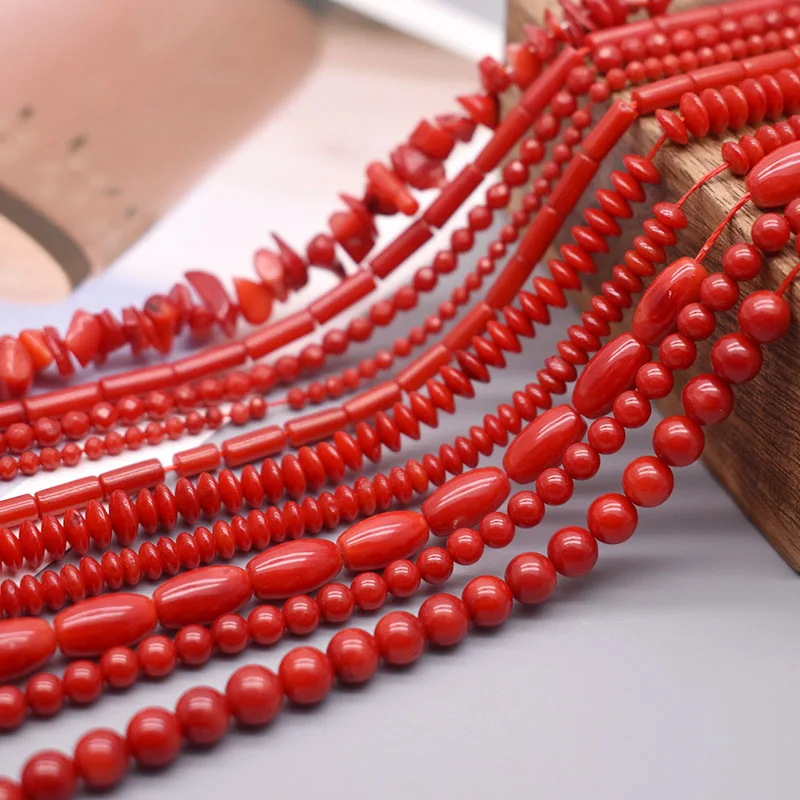 High-quality Natural Stone Irregular Tube Loose Spacer Beads Round Red Coral Beads For Jewelry Making Bracelet Necklace