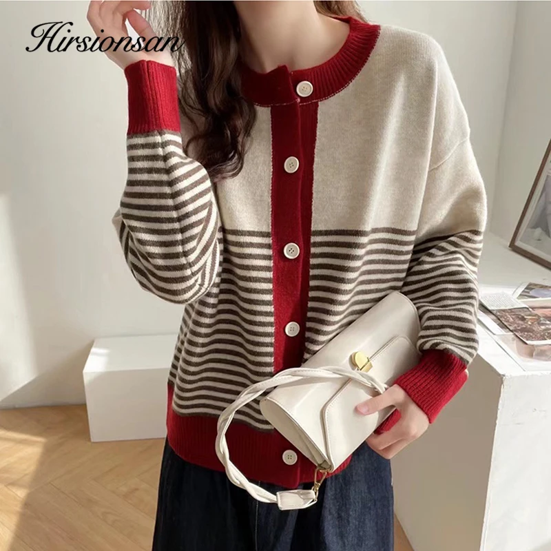 Hirsionsan Autumn Winter Striped Patchwork Knit Cardigans Women Single Breasted Vintage Korean Sweaters Female Cropped Cardigan