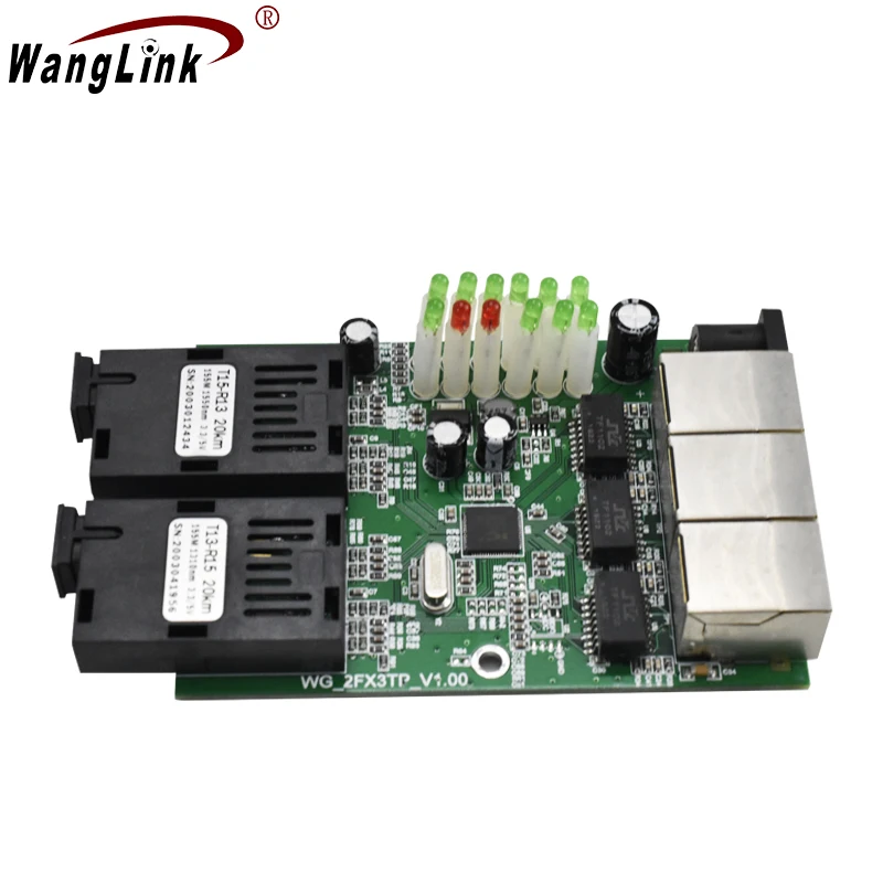 Wanglink-Ethernet Fast Fiber Optic Media Converter, 10/100M, 3 RJ45 Single Mode, 2 SC Fiber PCBA