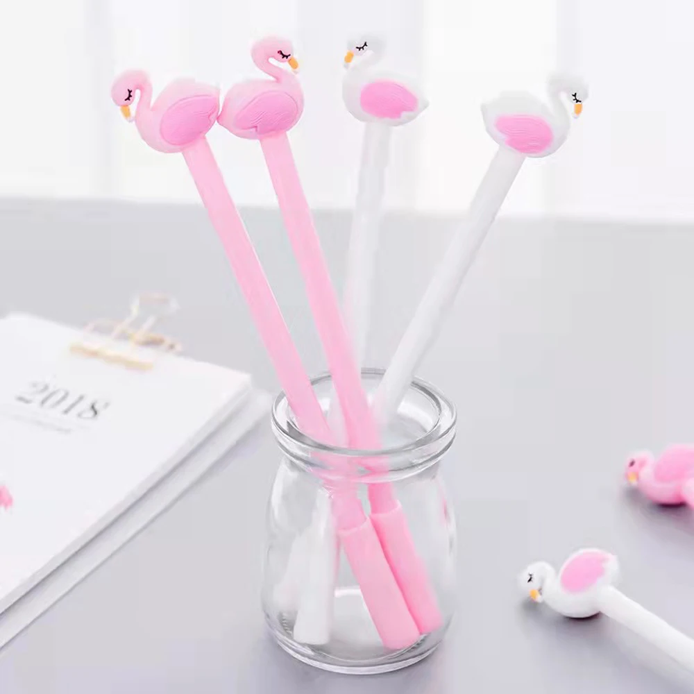 6Pcs Kawaii Cartoon Gel Pen 0.5mm Black Refill Ink Pen Pink Flamingo Signature Pen Escolar Papelaria School Office Supply