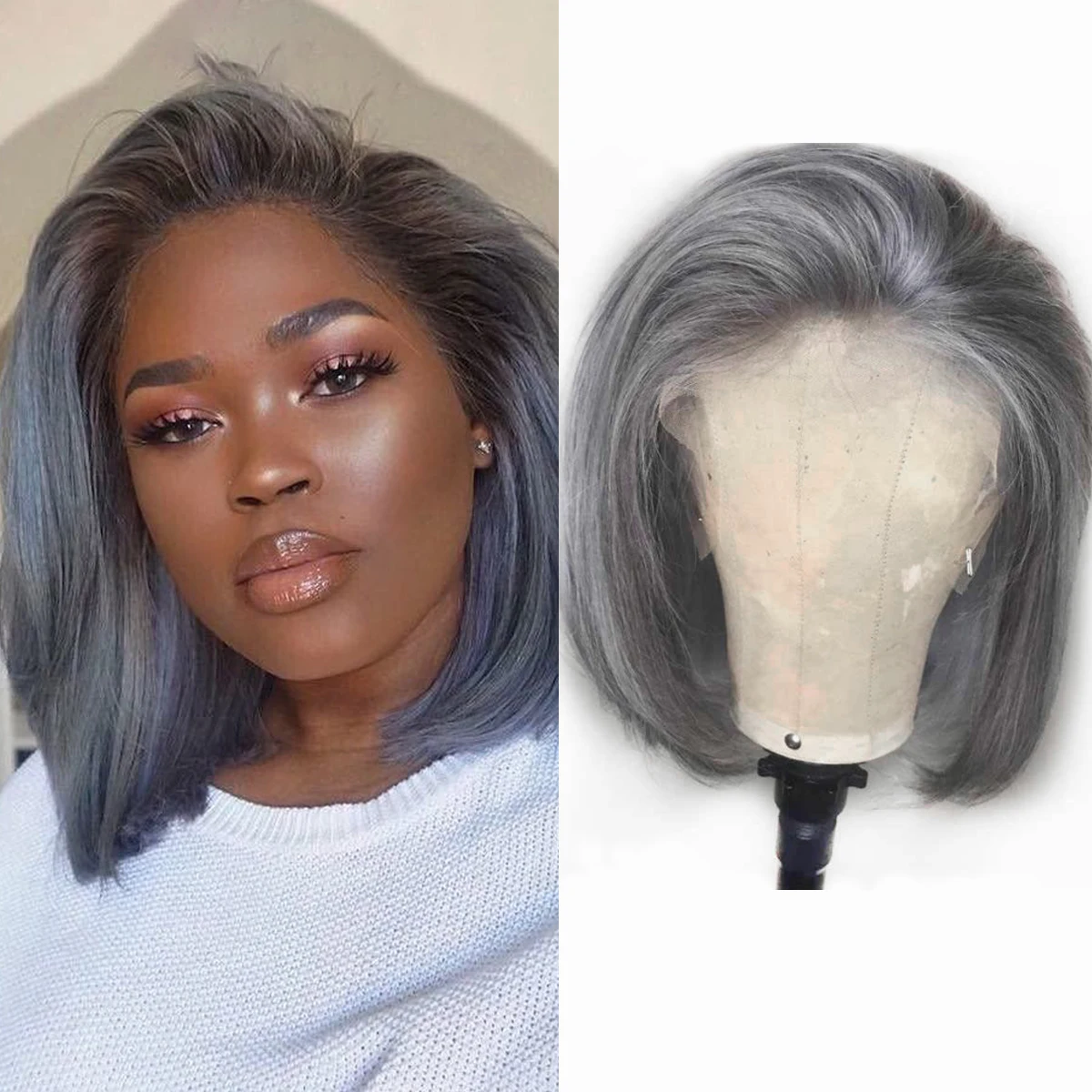 

13x4 Lace Front Human Hair Grey Color Bob 150% Glueless Pre Plucked With Baby Hair Remy Straight Lace Front Wig Custom Lace Wigs