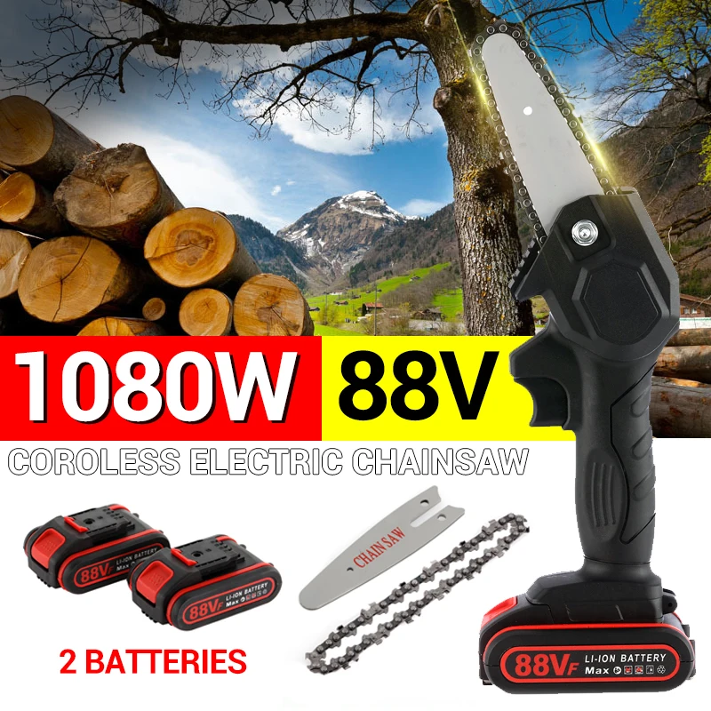 

1080W 88V Mini Electric Saw Chainsaw For Woodworking Garden Tools With 2 Batteries Chain Saws Pruning One-handed Garden Tool