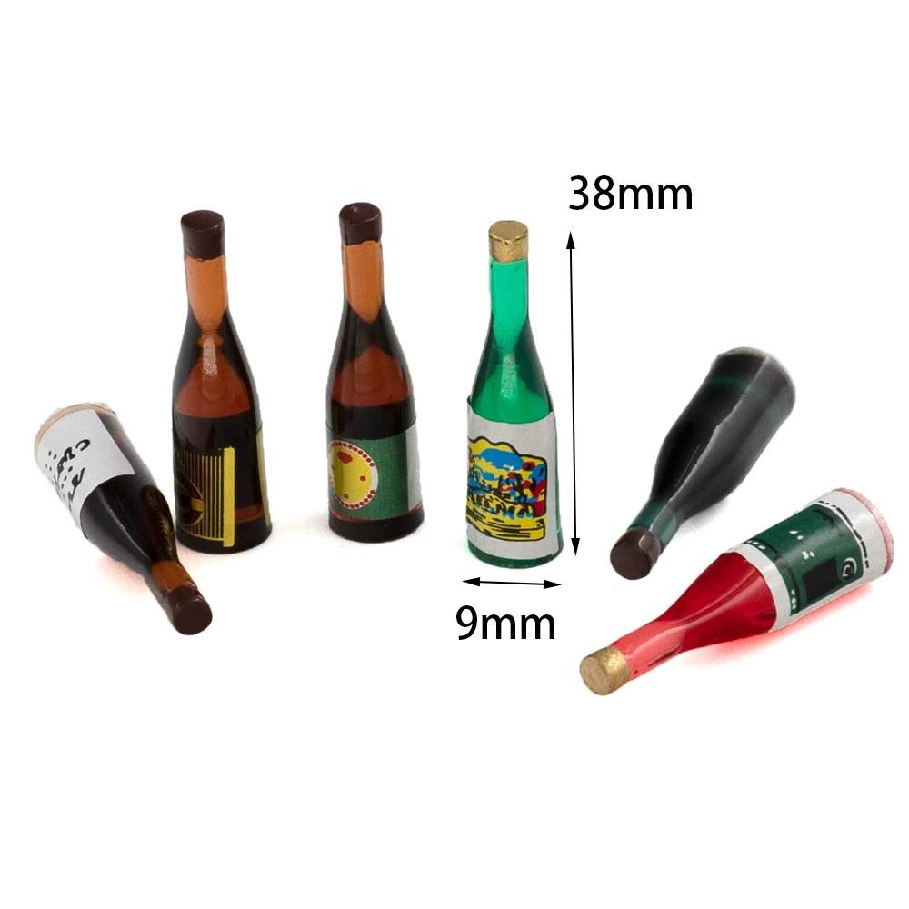 6Pcs 1/12 Dollhouse Miniature Accessories Mini Resin Wine Bottle Simulation Beer Drinks Model Toys for Doll House Decoration