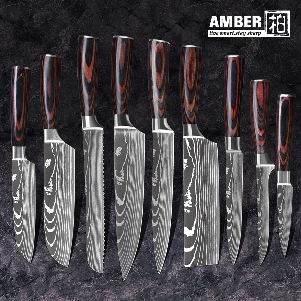 Amber Kitchen knives Set Professional Chef Knives Japanese 5CR15MOV High Carbon Stainless Steel Imitation Damascus Pattern Knife