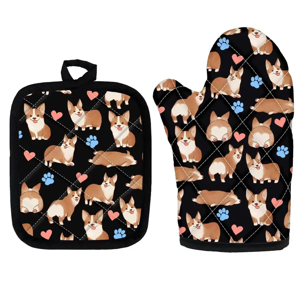 Cartoon Corgi Pattern BBQ Baking Gloves Insulation Mat Cute Kitchen Baking Potholders Oven Mitts And Pot Holders Sets Non-slip