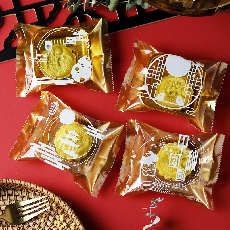 

AQ 100Pcs Chinese Holiday Elements Palace On Moon Bunny Clouds Pattern 4In1 Homemade Moon Cake Packaging Window Cookies Pack Bag