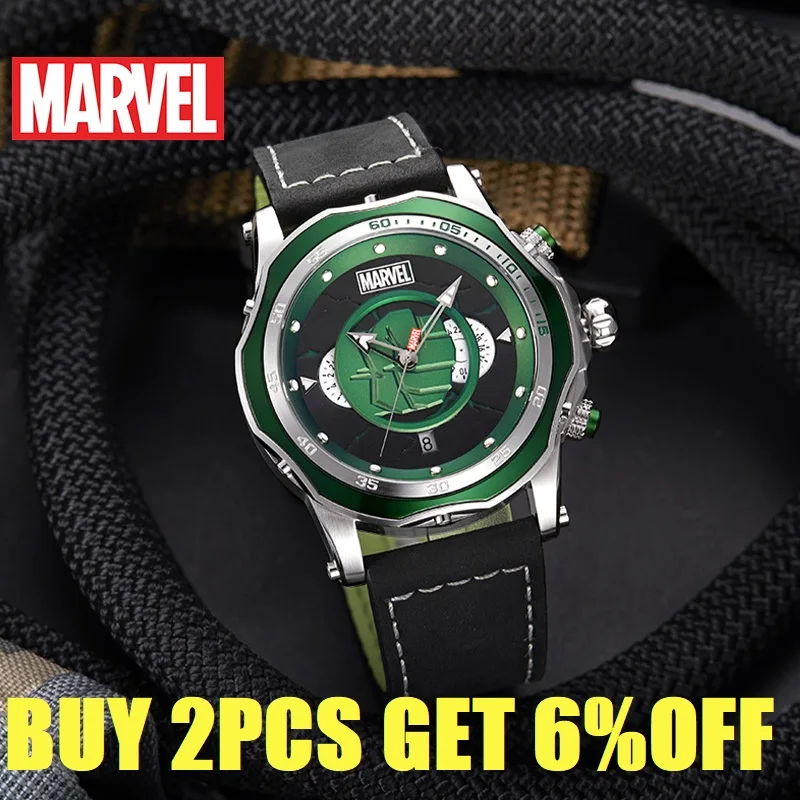 Original Marvel The Avengers Hulk Quartz Calendar Wristwatches Male Stainless Steel Green Giant Multiple Time Zone Coated