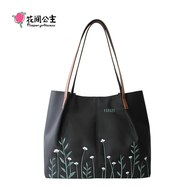 Flower Princess Forget 2024 Summer New Women\'s Tote Bag Embroidery Large-Capacity Shoulder Oxford Cloth Nylon Canvas Handbag