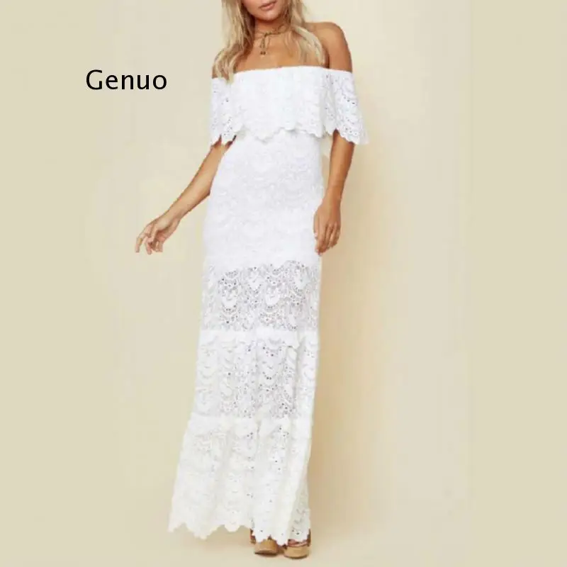 White Lace Sexy Maxi Dress 2021 Summer Bohemian Off Shoulder Hollow Out Dresses Solid Ruffle Beach Holiday Party Female Vestiods