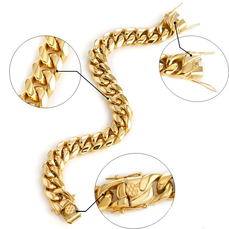 316L Stainless Steel Miami Curb Cuban Chain Bracelets Hip hop Men Women Rapper Jewelry Accessories Link Lock Clasp 18 k Bangle