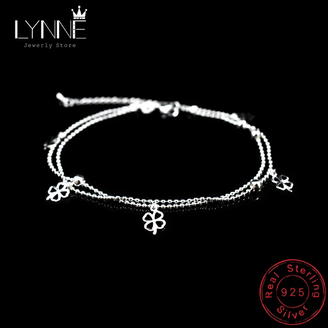 Najnowsza moda 925 Sterling Silver Double Layer Small Ball Chain Anklet Lucky Clover Pendant Anklets Bransoletka dla kobiet Biżuteria