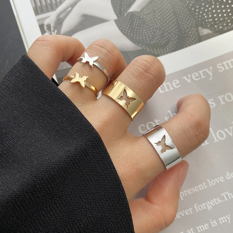 2pcs/set New Retro Trendy Butterfly Rings Fashion Women Engagement Wedding Open Adjustable Knuckle Joints Finger Lovers Jewelry