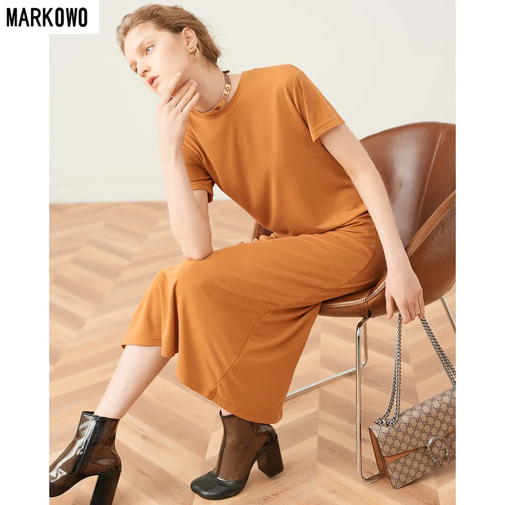 MARKOWO Designer 2022 New Fashion Smooth Texture Modal Round Neck Casual Commuter Style T-shirt Long Skirt Dress