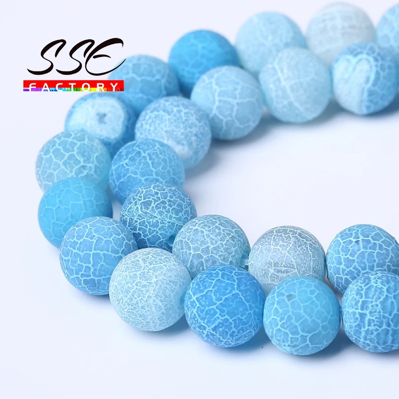 Natural Stone Beads Frost Light Blue Cracked Dream Fire Dragon Veins Agates Beads For Jewelry Making DIY Bracelet 15