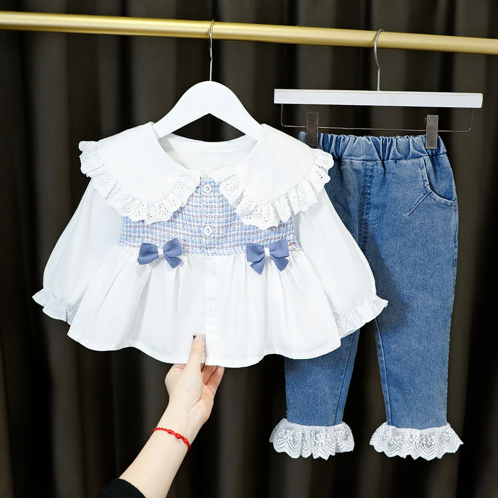 Spring Autumn Baby Girls Clothing Set Fashion Casual Long Sleeved Shirts + Denim Jeans Pants Kids Girls Clothes Suit Child Wear