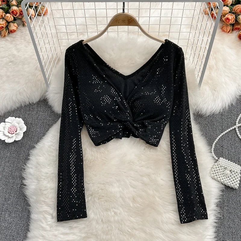 New Fashion Club Street Sequin Kink V-neck Wrinkle Top Women Sexy Slim Shiny Shirt Blouse Girls Short Belly Top Autumn Winter