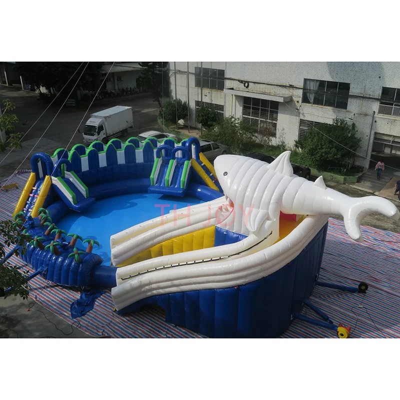 Free ship to sea port,giant inflatable water bouncy slide with pool, shark inflatable water park equipment