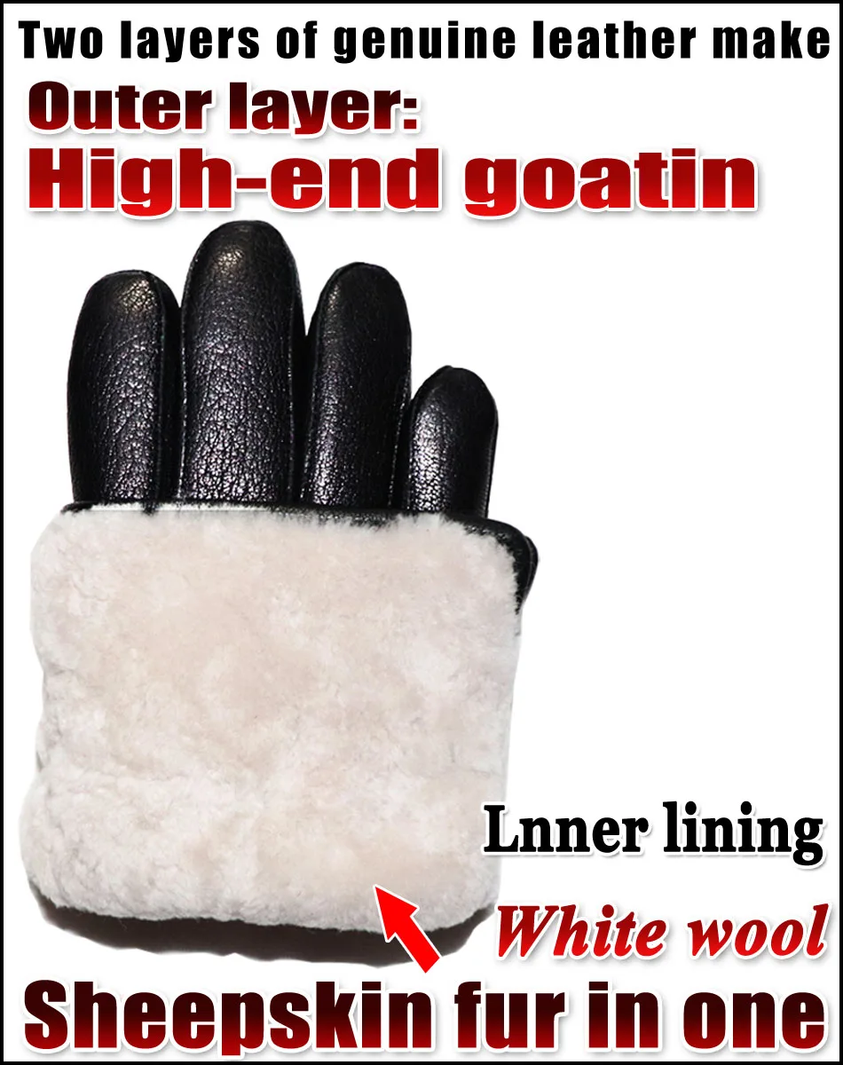 Deerskin Pattern Male Leather Gloves Sheepskin-fur in one  Gloves Female Goatskin  Sheep Fur Wool Gloves Winter  Thickening Warm