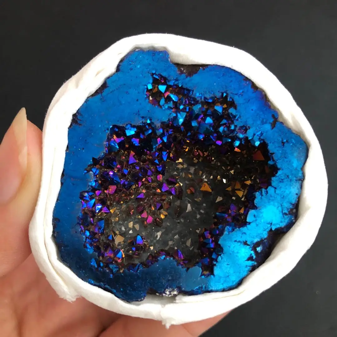 1pcs Blue Angel Aura Quartz Crystal geode Titanium Bismuth Silicon Cluster Rainbow reiki healing