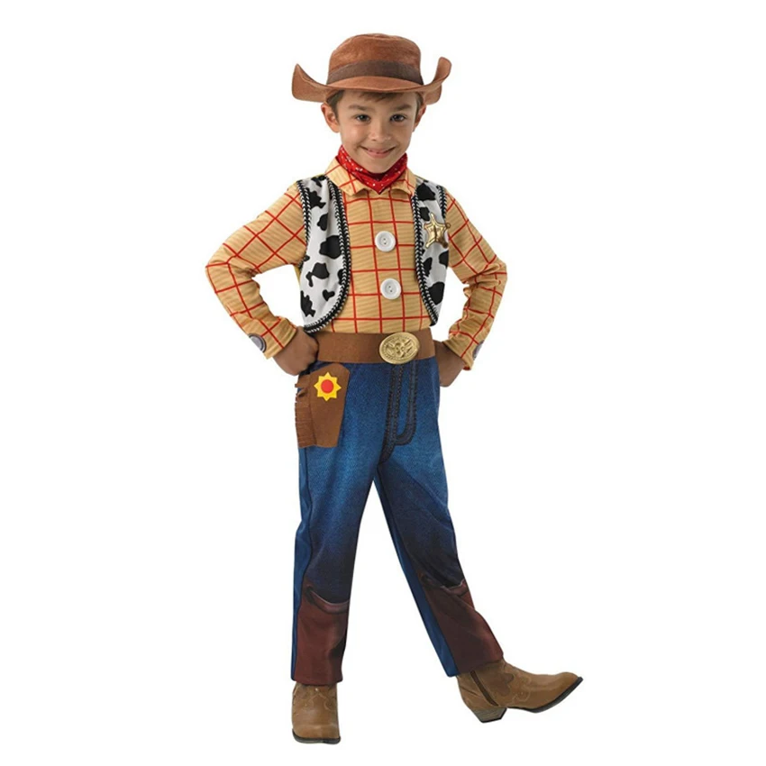 子供のためのwoody westカウボーイコスプレ、アニメのハロウィーンの衣装、豪華なドレス、カーニバルフェスティバルのジャンプスーツ、ワイルドアクセサリーの帽子